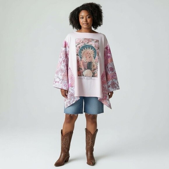 Blue Velvet Womens Upcycled Poncho Top Sz Large XL Pink Dolly Parton Kantha Boho - Picture 2 of 8